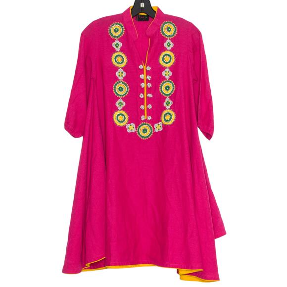 Rang Ja Womens Dress Embroidered Beaded Pearl Boho Folk Artisan Pink Small EM - Picture 1 of 6